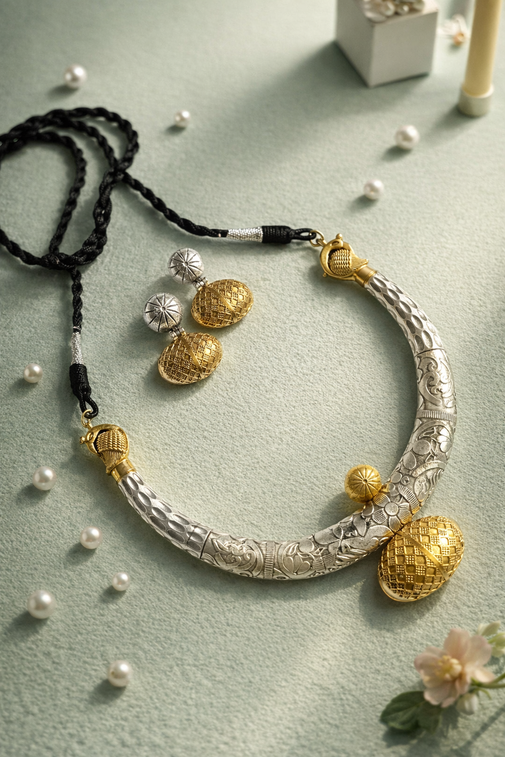 Dual-tone silver oxidised finish creates a striking necklace design.