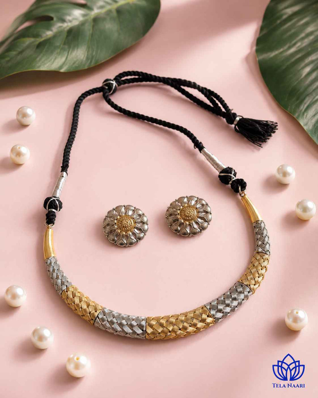 Silver beading covers half of this dual-tone choker design.