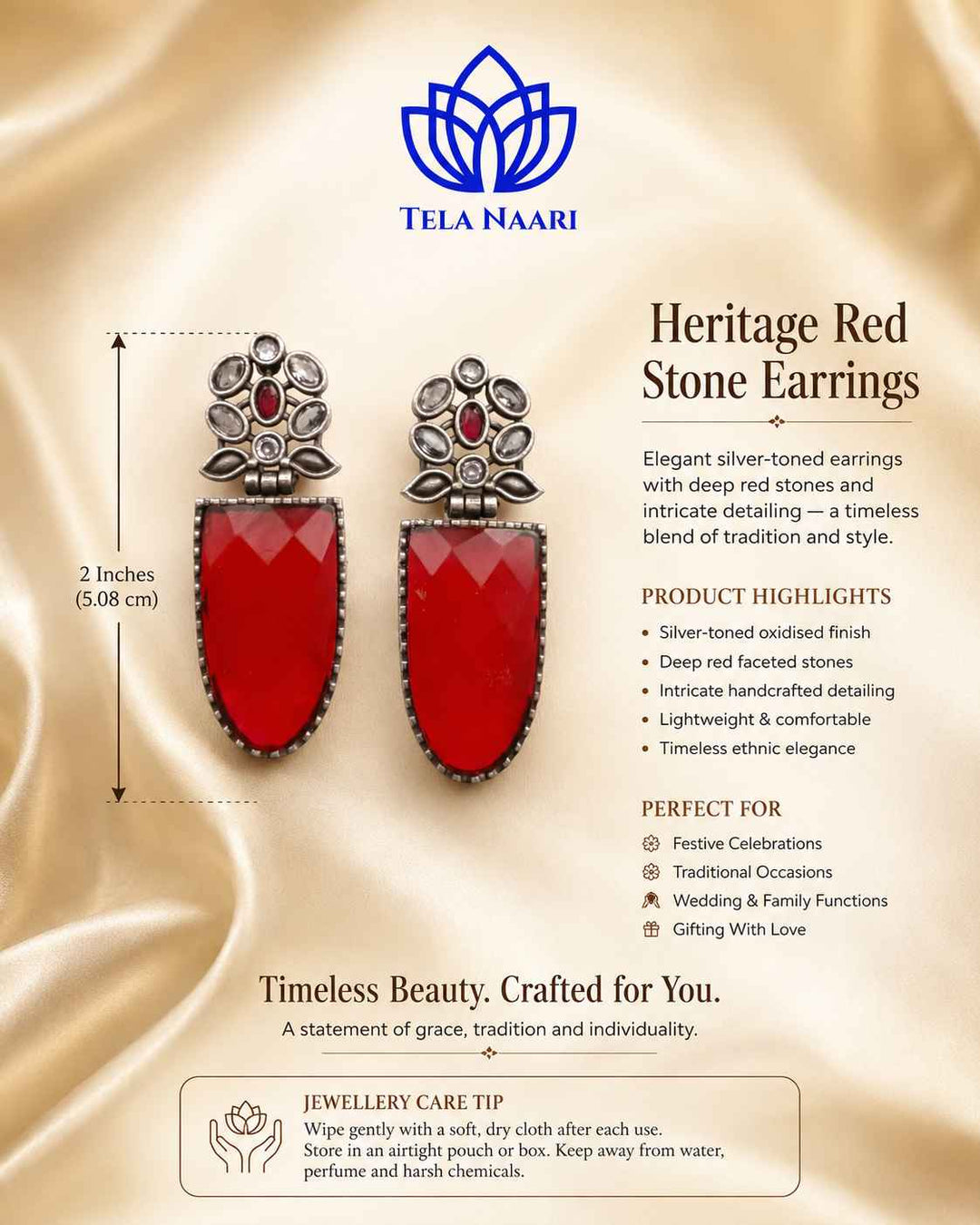 Red stone sits at the centre of this silver-plated earring.