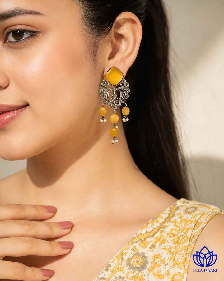 Iditri yellow silver-plated dangler earrings by Tela Naari – view 6