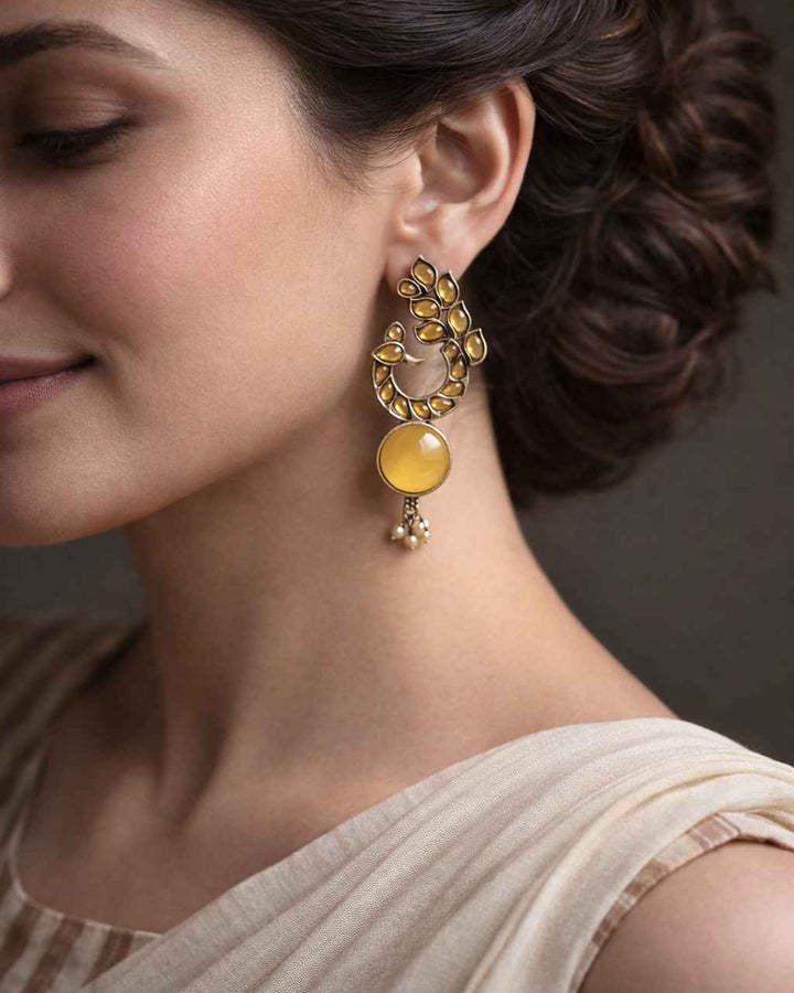 Stone and glass bead detailing decorate this yellow peacock earring.