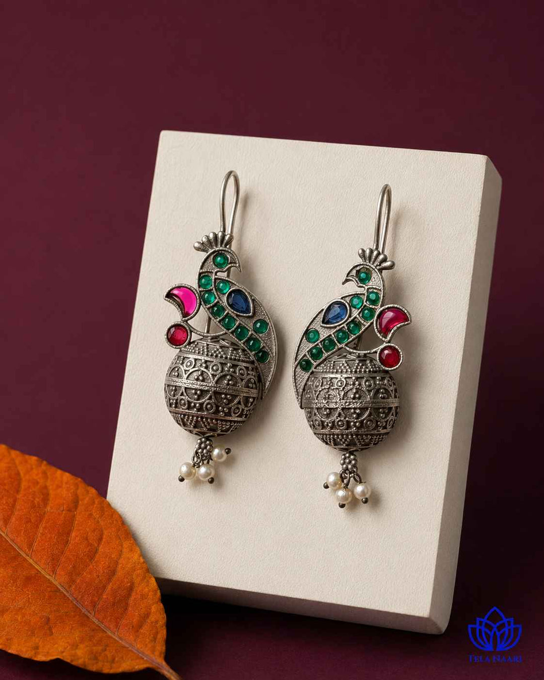 Iravati green silver-plated hook earrings by Tela Naari – view 1