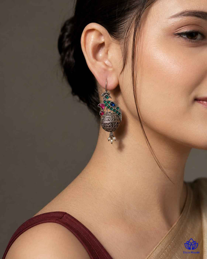 Iravati green silver-plated hook earrings by Tela Naari – view 10