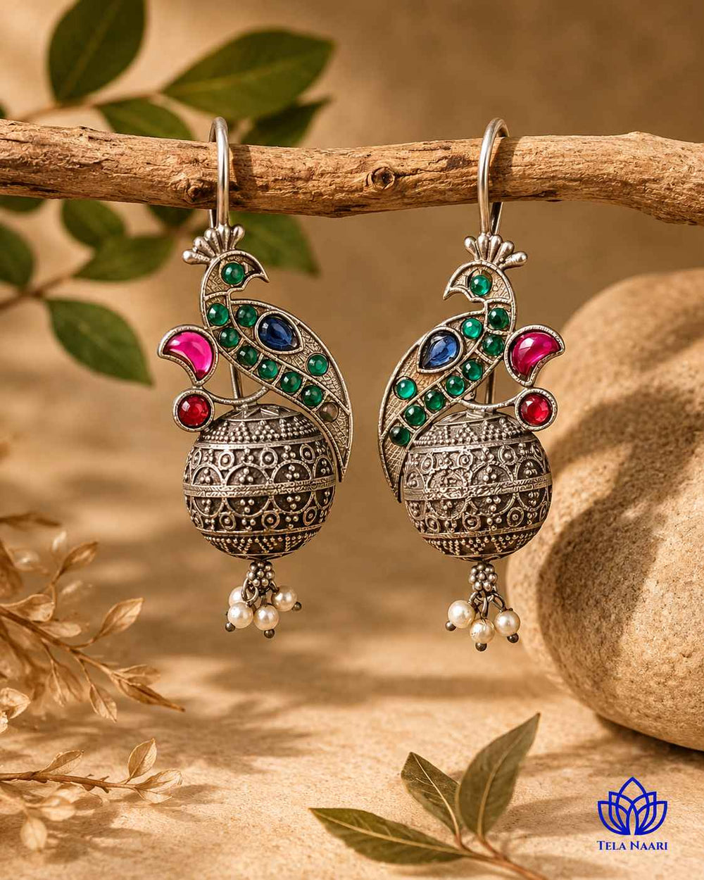 Iravati green silver-plated hook earrings by Tela Naari – view 2