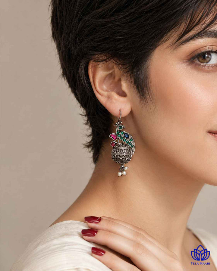 Iravati green silver-plated hook earrings by Tela Naari – view 3