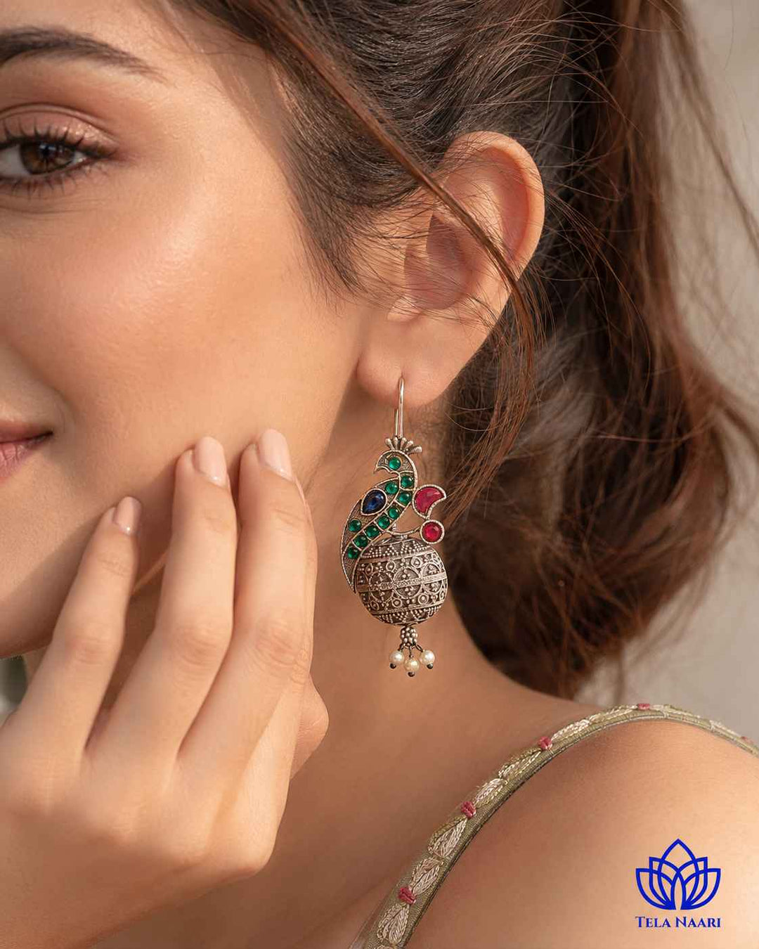 Iravati green silver-plated hook earrings by Tela Naari – view 5
