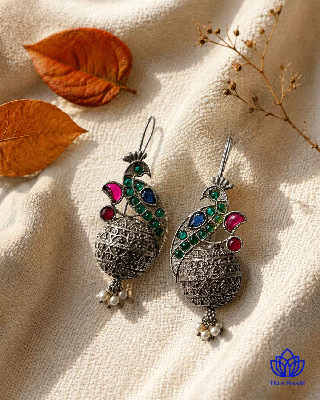 Iravati green silver-plated hook earrings by Tela Naari – view 6