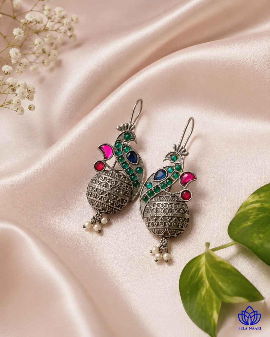 Iravati green silver-plated hook earrings by Tela Naari – view 7
