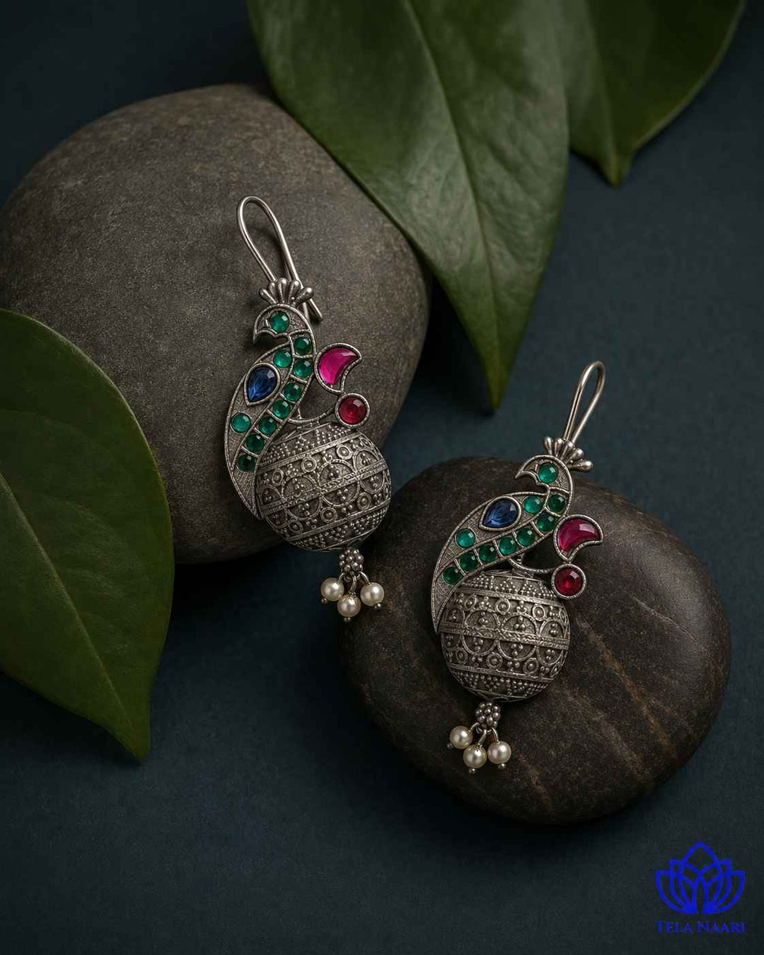 Iravati green silver-plated hook earrings by Tela Naari – view 9