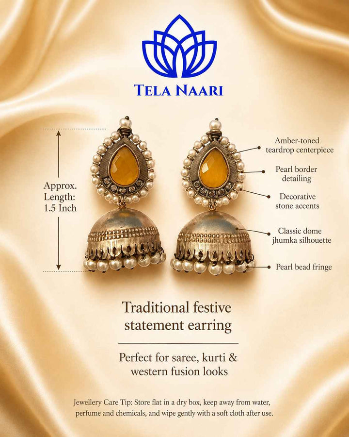Yellow bead accents sit within the jhumka&