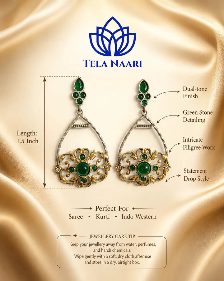 Traditional artistry shapes the silhouette of this green stone earring.