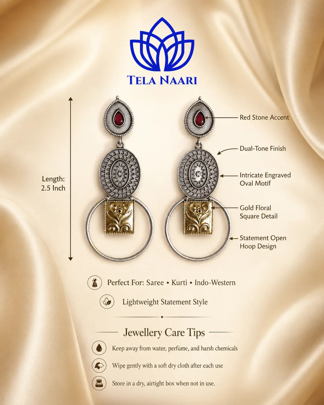 Brass construction forms the structure of this dual-tone earring.