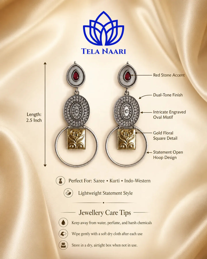 Brass construction forms the structure of this dual-tone earring.