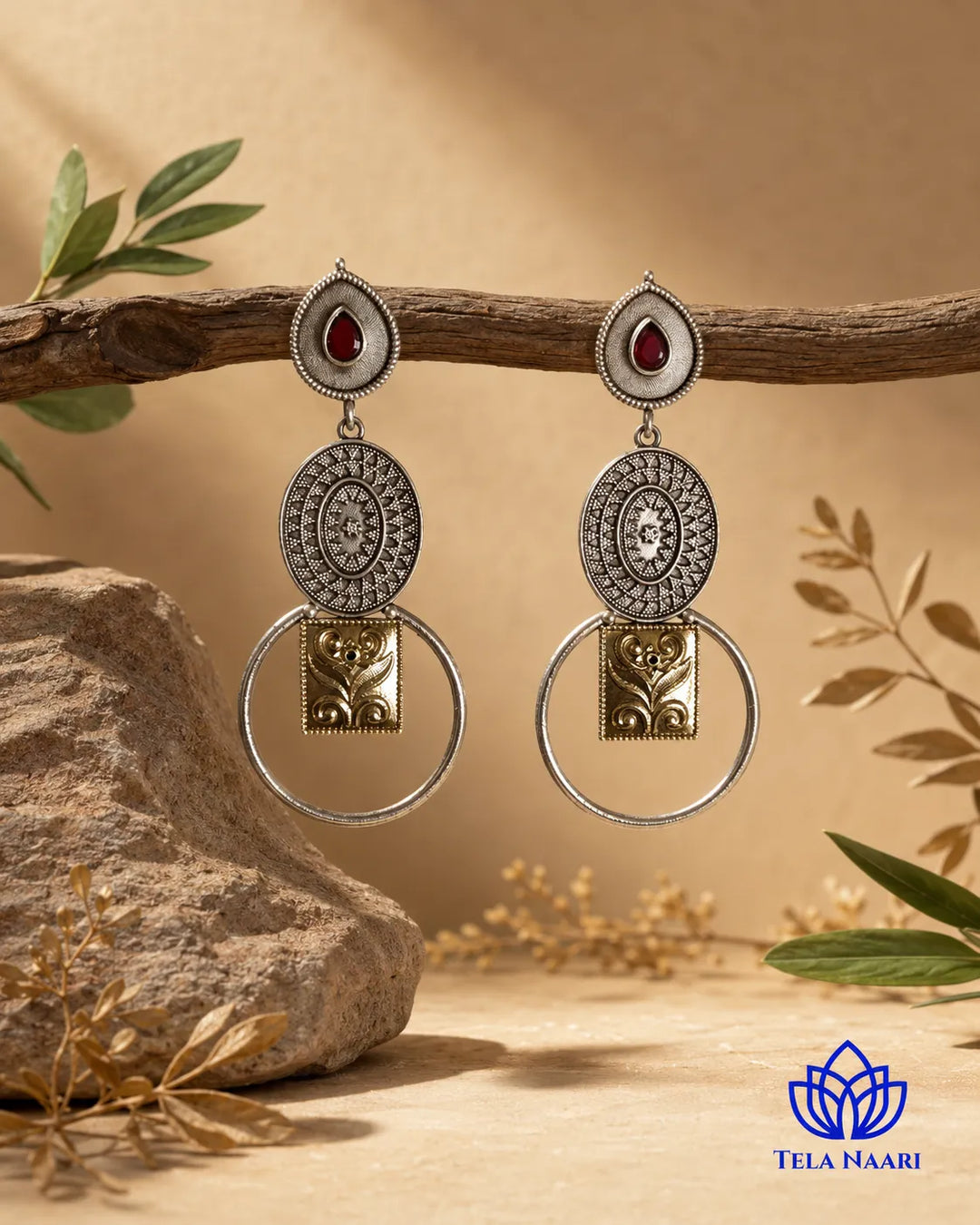 Sophisticated silhouette pairs warm and cool metallic tones.