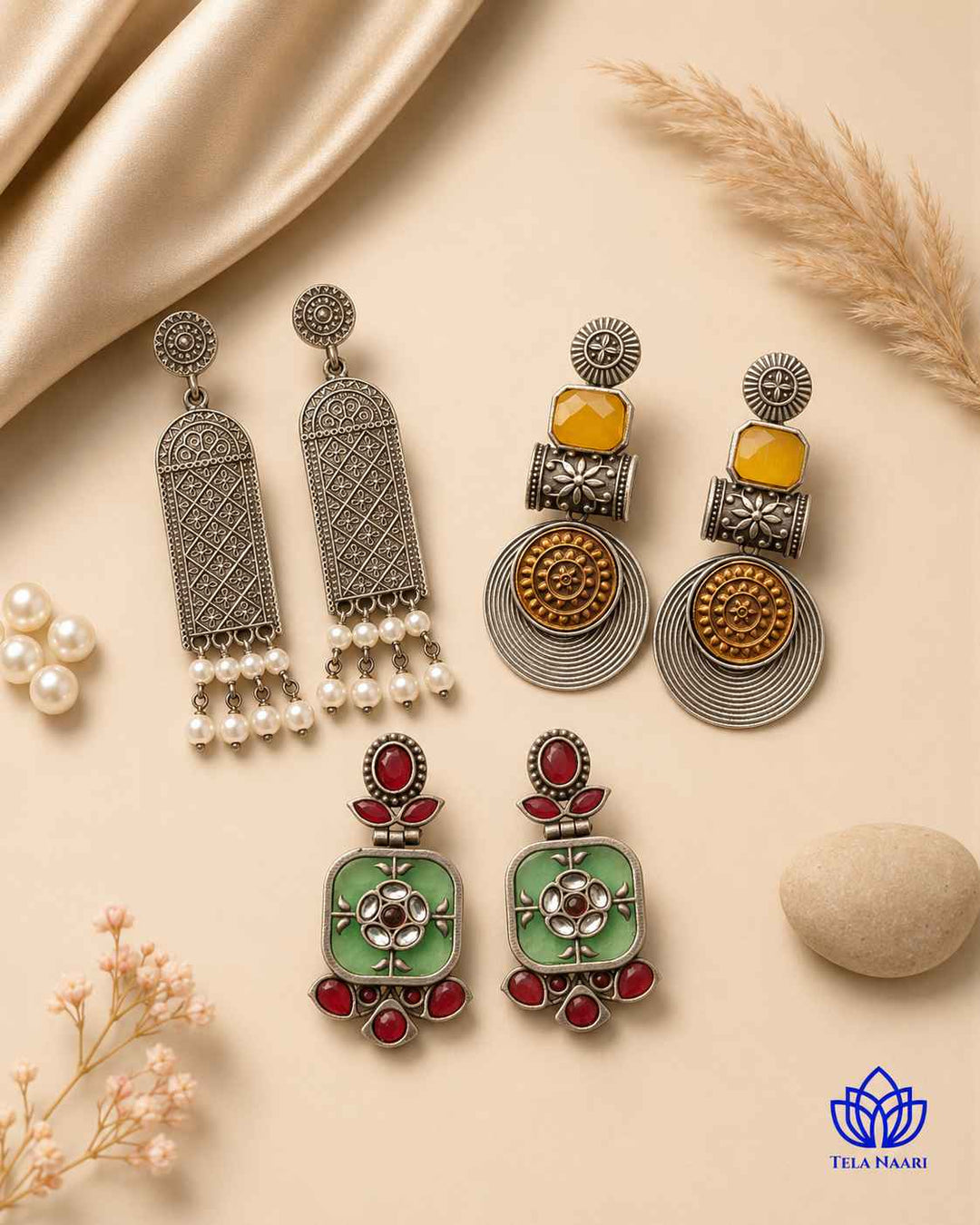 Luna Hamper's handcrafted earrings in silver-plated and oxidised finish, a Ganesh Chaturthi gift for sister