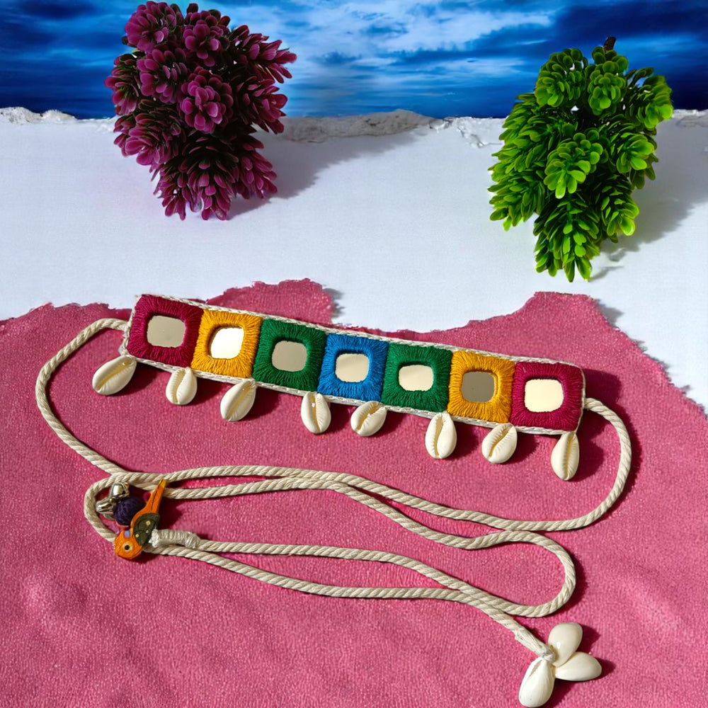 High-polish mirrors catch the light across this multicolour choker.