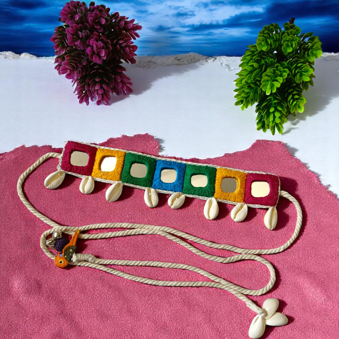 High-polish mirrors catch the light across this multicolour choker.