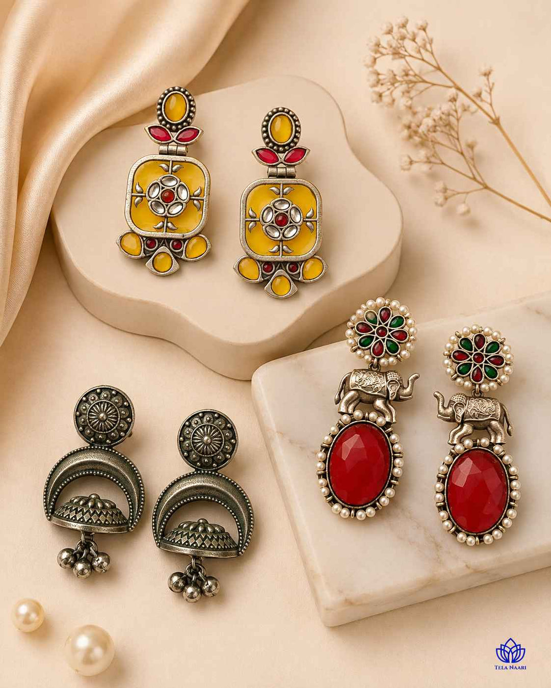 Naira Hamper's 3 pairs of silver-plated and oxidised earrings, a Raksha Bandhan gift for sister