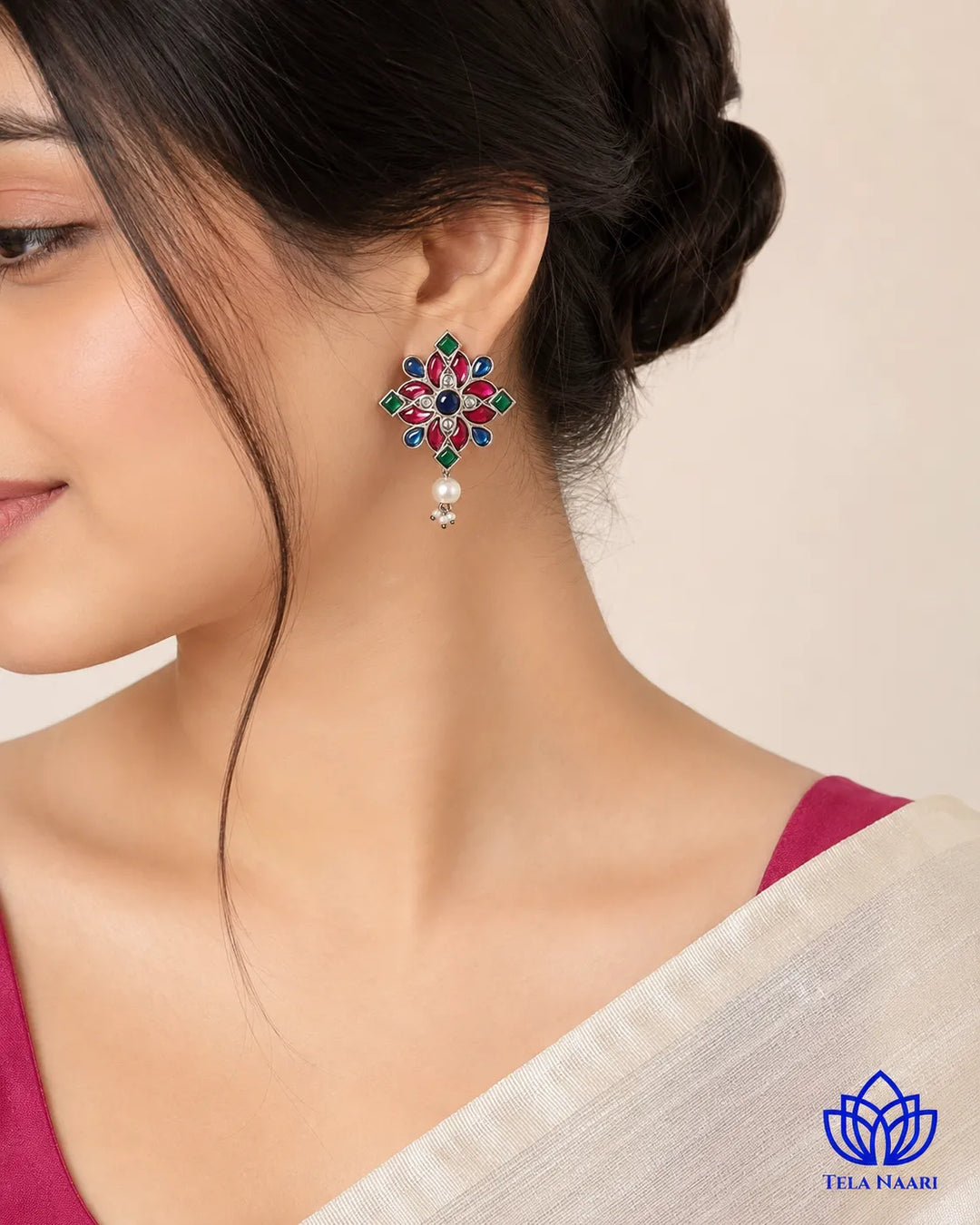 Silver oxidised finish covers the surface of this pearl stud.
