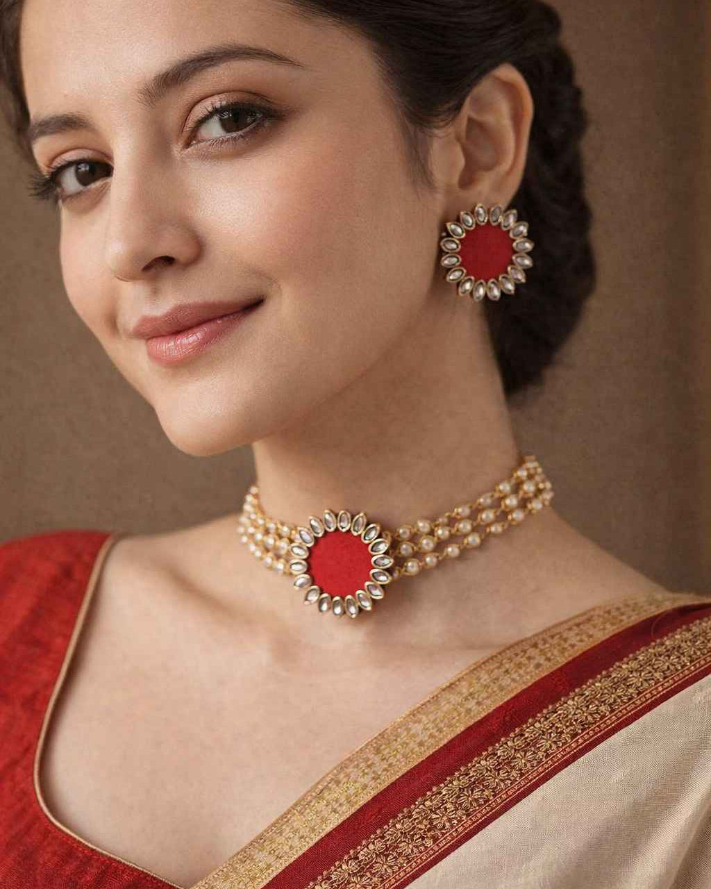 Red fabric shapes this handmade choker necklace and earring set.