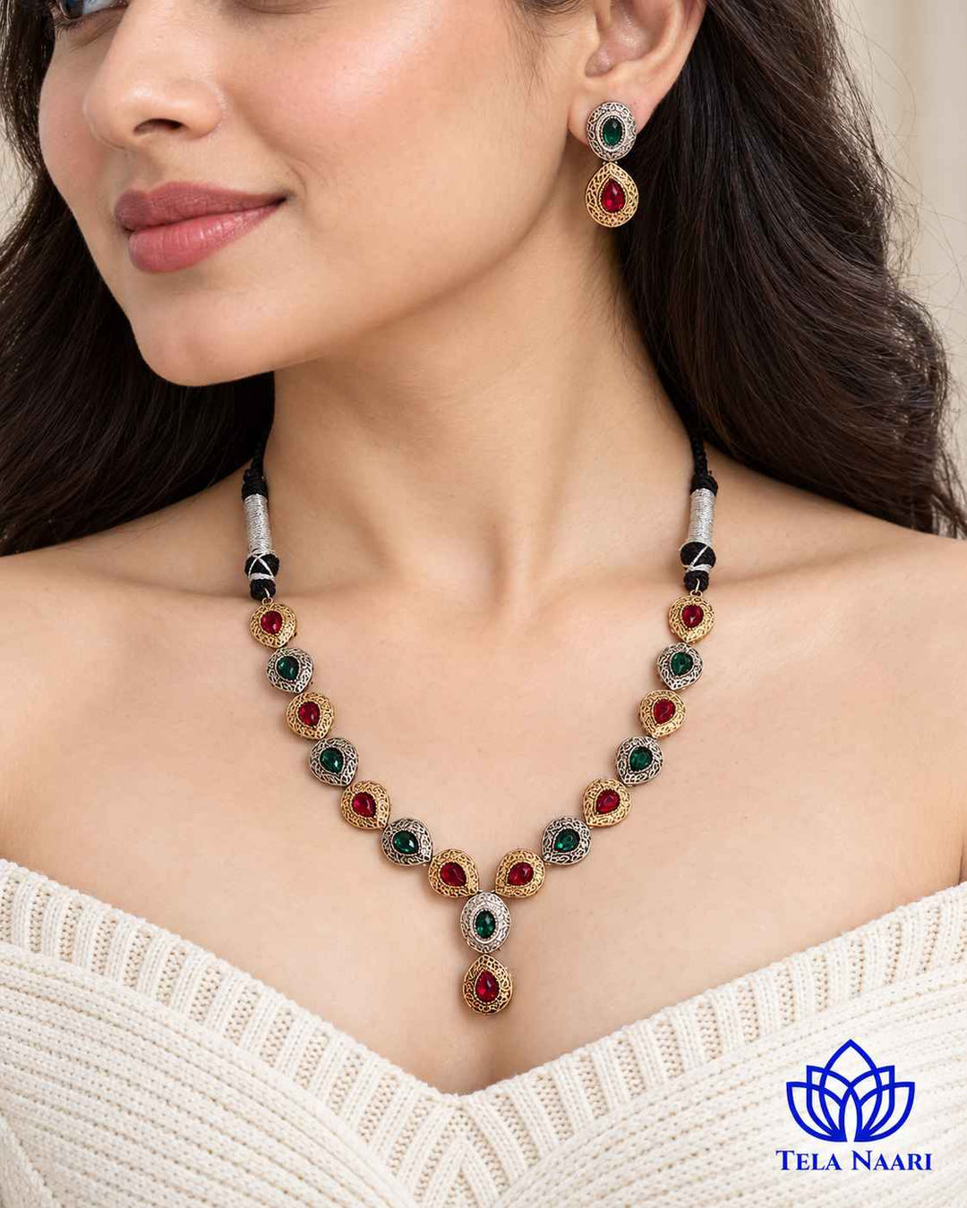 Ritika Dual Tone Red Green Necklace Set
