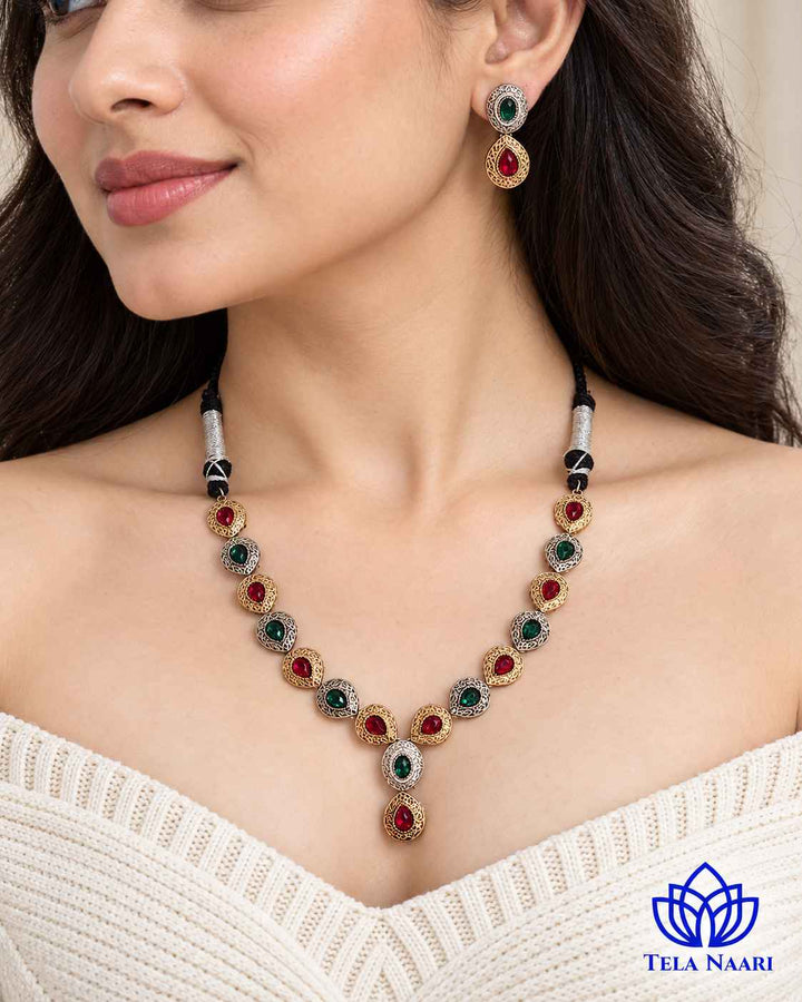 Ritika Dual Tone Red Green Necklace Set