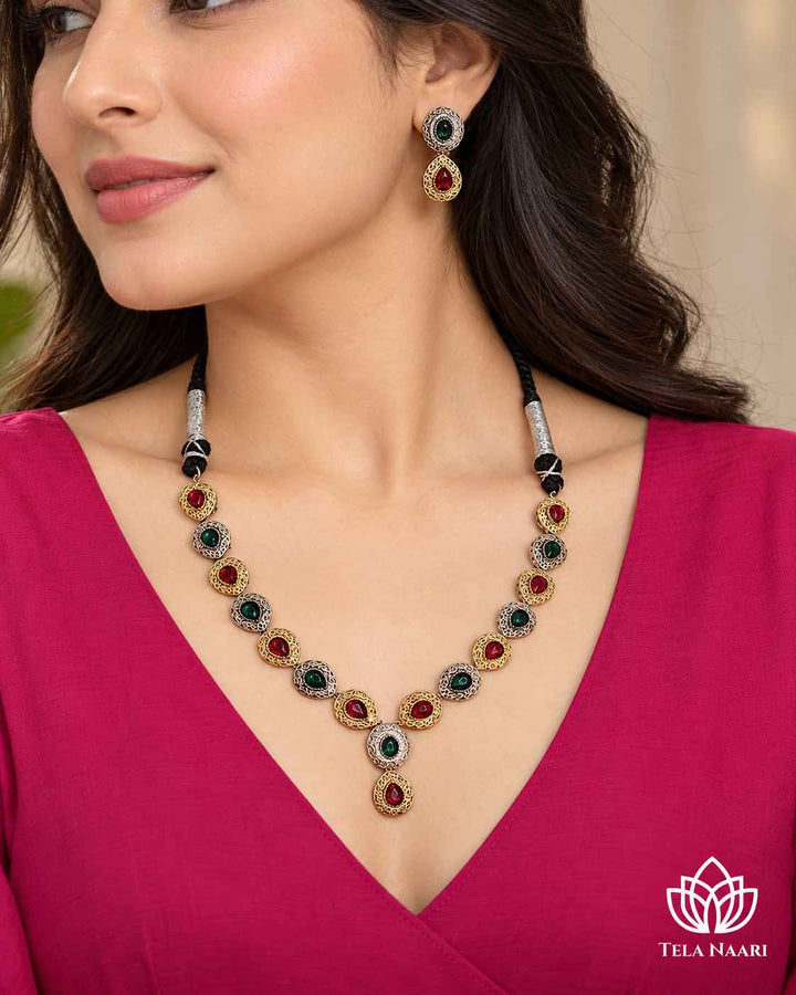 Ritika Dual Tone Red Green Necklace Set