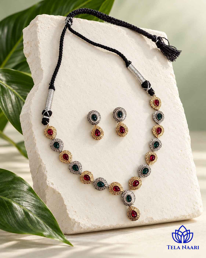 Ritika Dual Tone Red Green Necklace Set