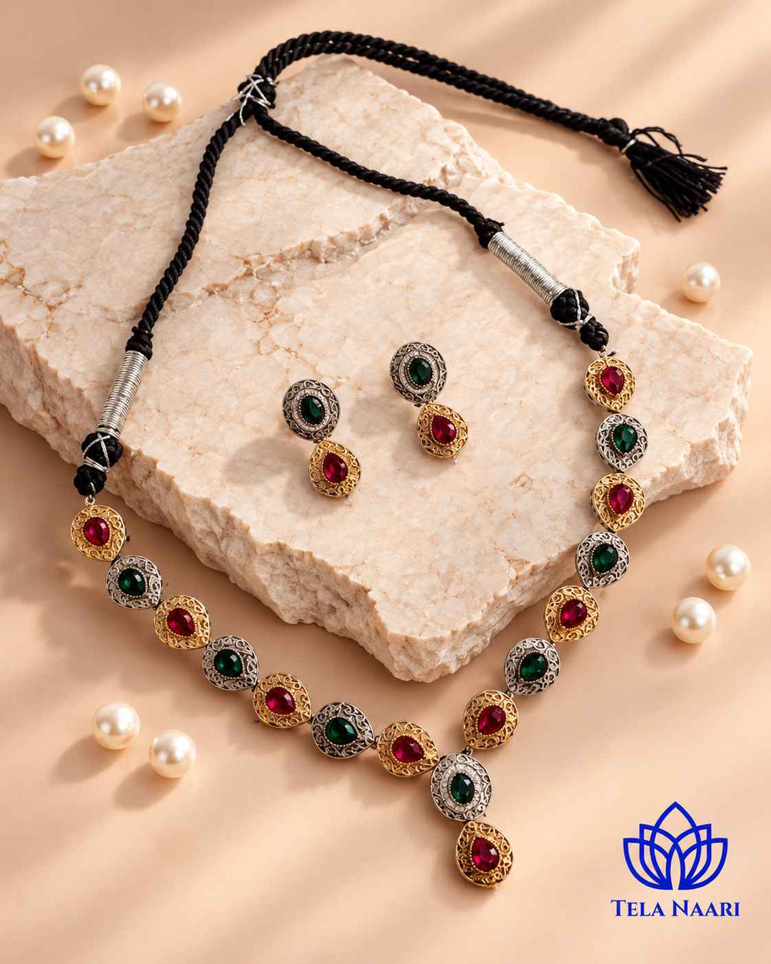 Ritika Dual Tone Red Green Necklace Set
