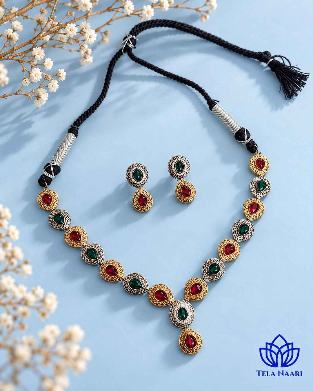 Ritika Dual Tone Red Green Necklace Set