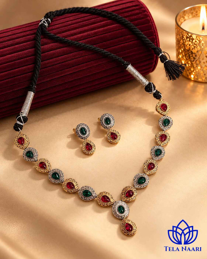 Ritika Dual Tone Red Green Necklace Set