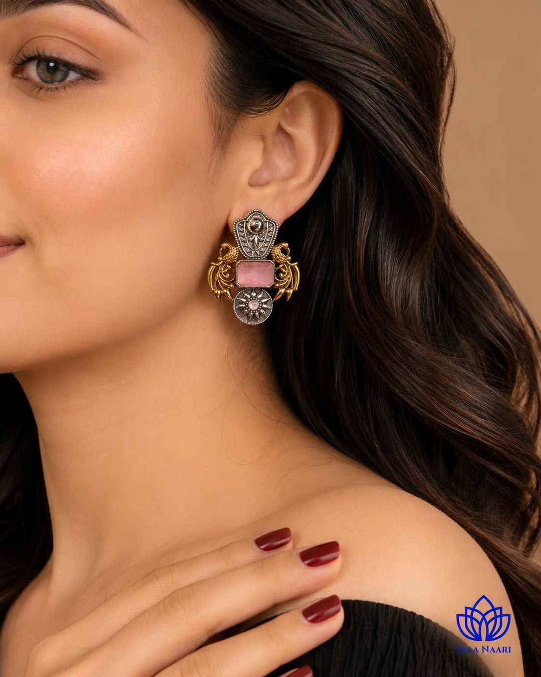 Textured brass base carries the pink dual-tone finish of this earring.