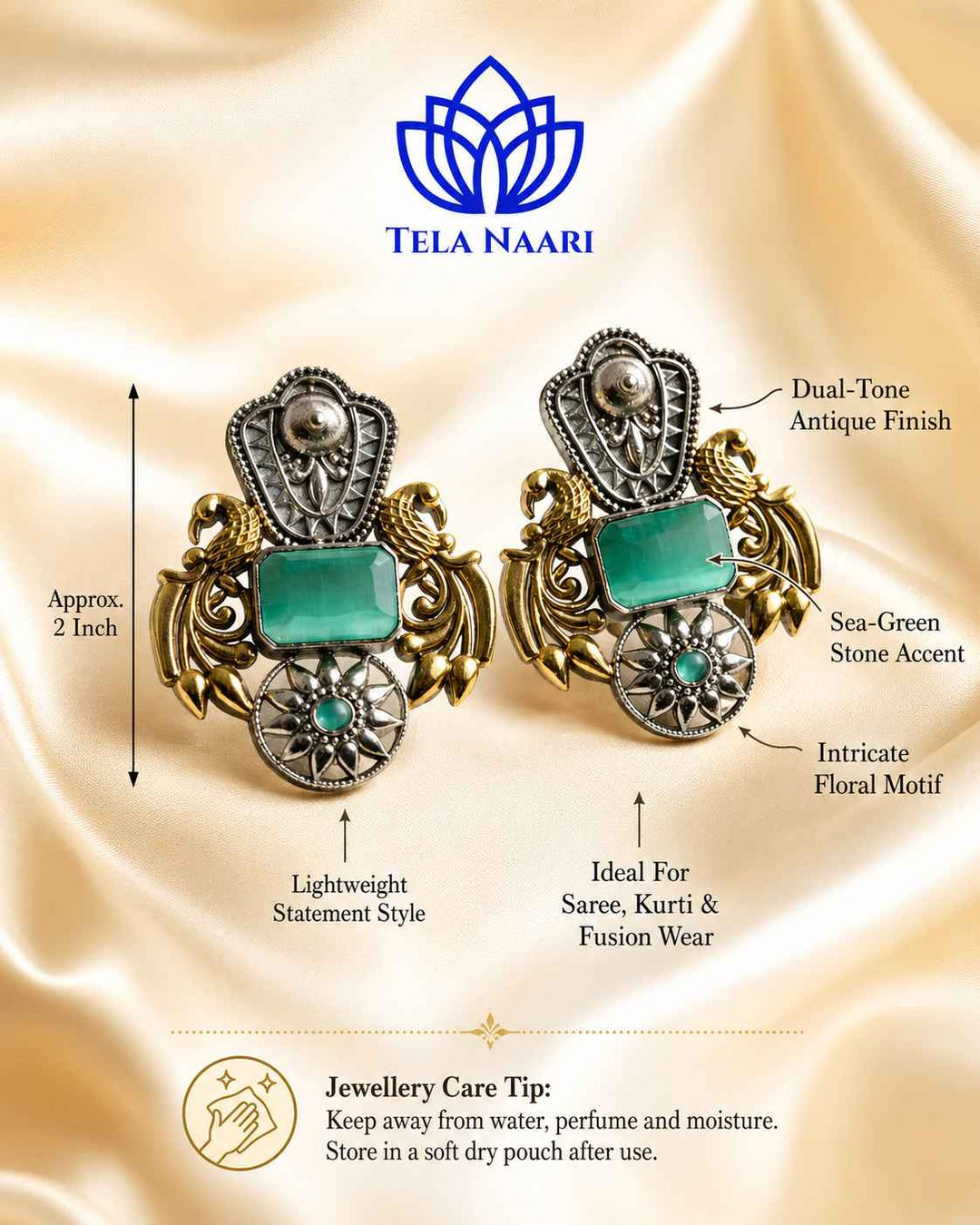 Bold silhouette pairs sea green tones with oxidised silver.