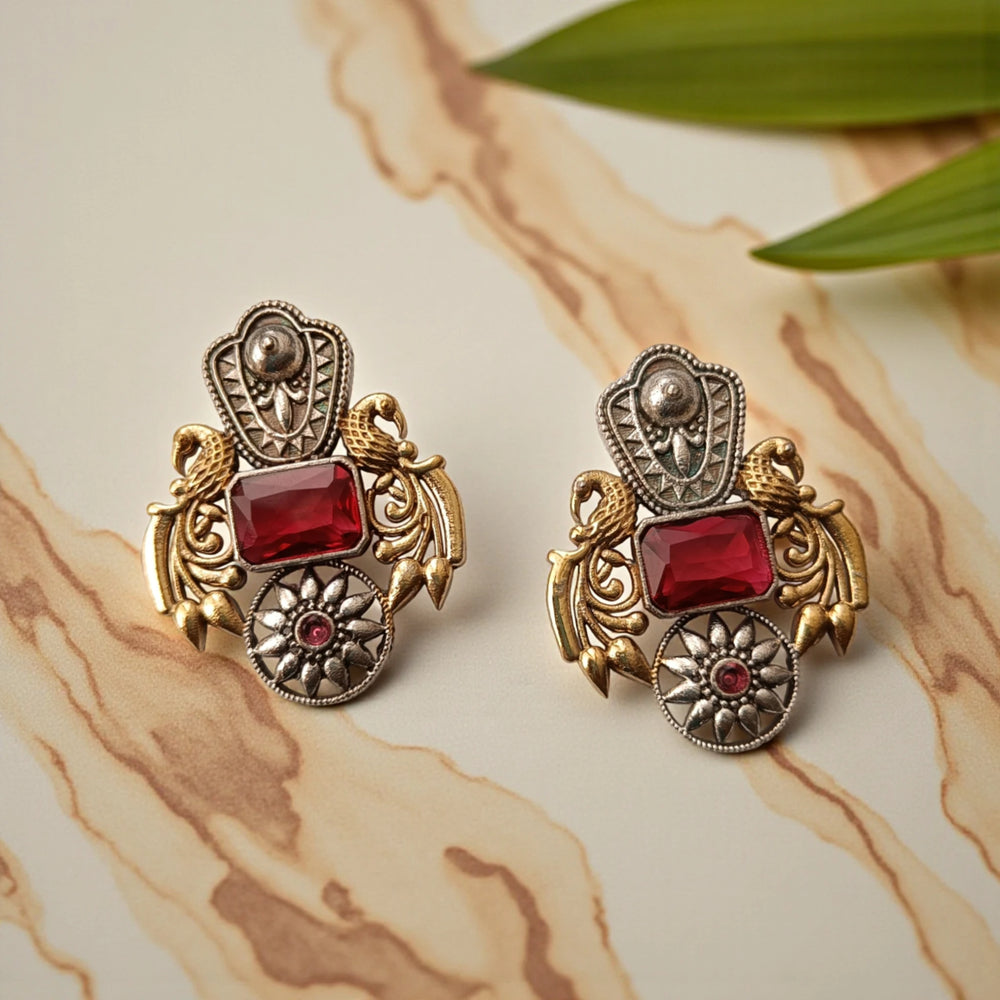 Red Nilofer silver oxidised dual tone earrings – bold handcrafted ethnic jewellery by Tela Naari
