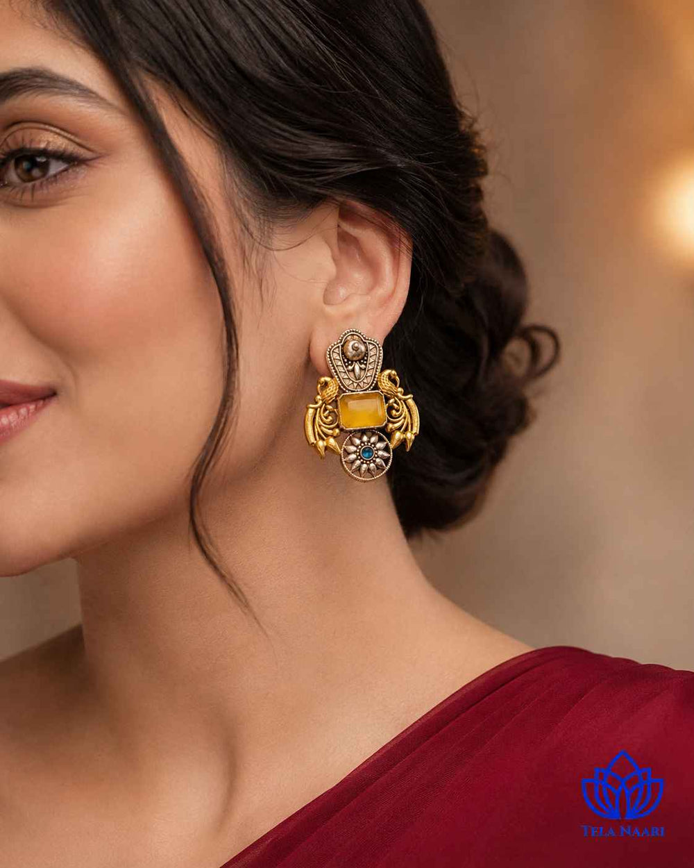 Intricate detailing lends a contemporary edge to this yellow oxidised earring.