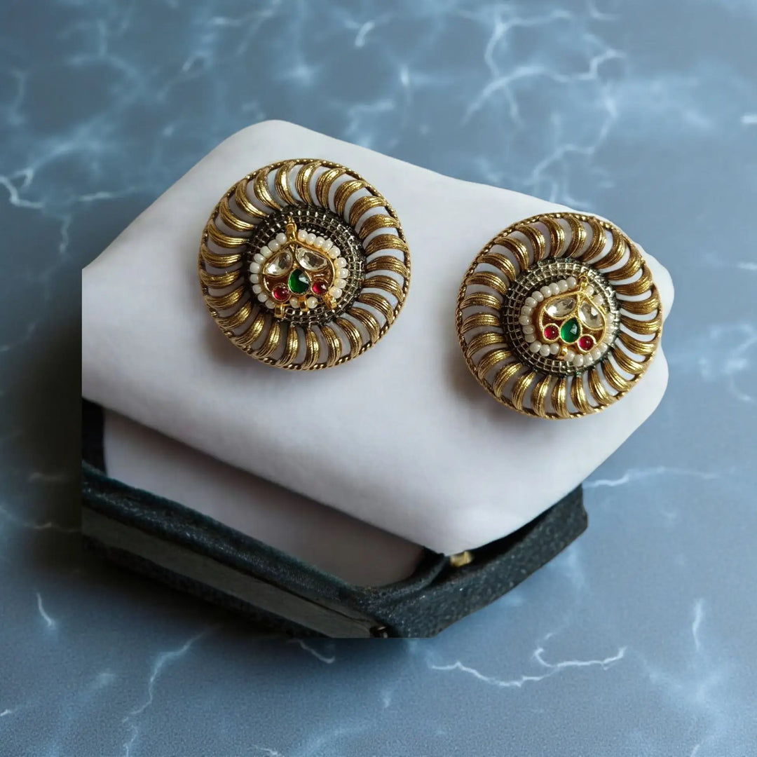 Nritya dual tone Pachi Kundan silver plated stud earrings – handcrafted fusion jewellery by Tela Naari
