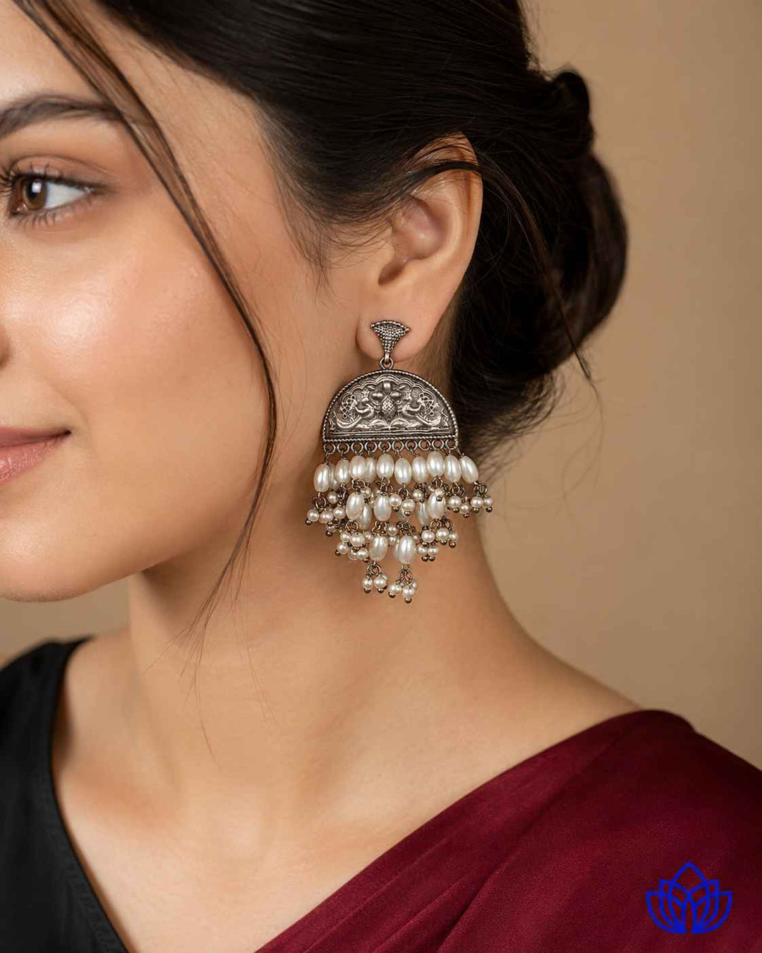 Nursat silver-plated beaded earrings by Tela Naari – view 1