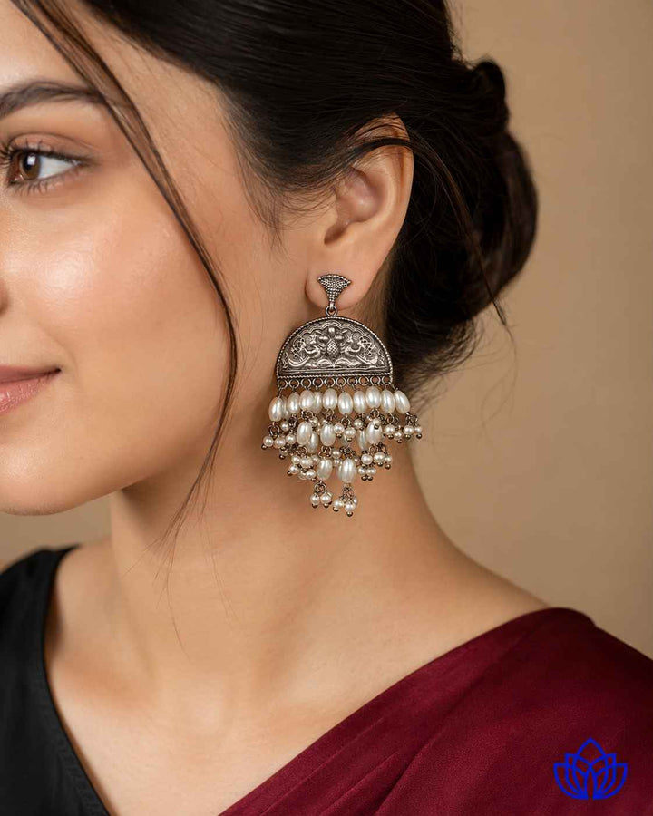 Nursat silver-plated beaded earrings by Tela Naari – view 1