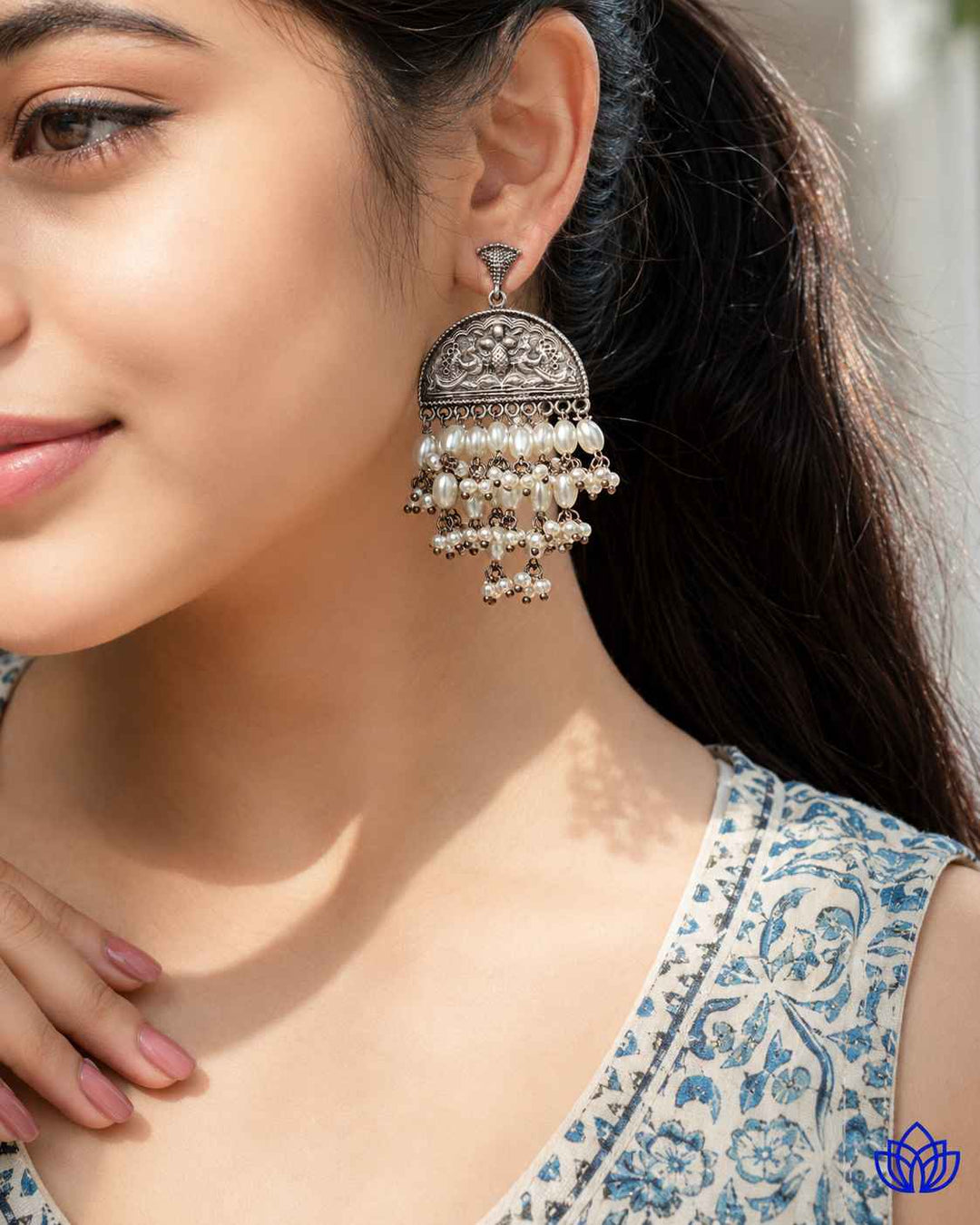 Nursat silver-plated beaded earrings by Tela Naari – view 7