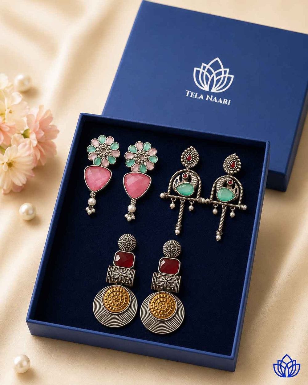 Open box view: Diwali Bluma Hamper with 3 Pairs of Earrings in the Premium Box, a gift for wife