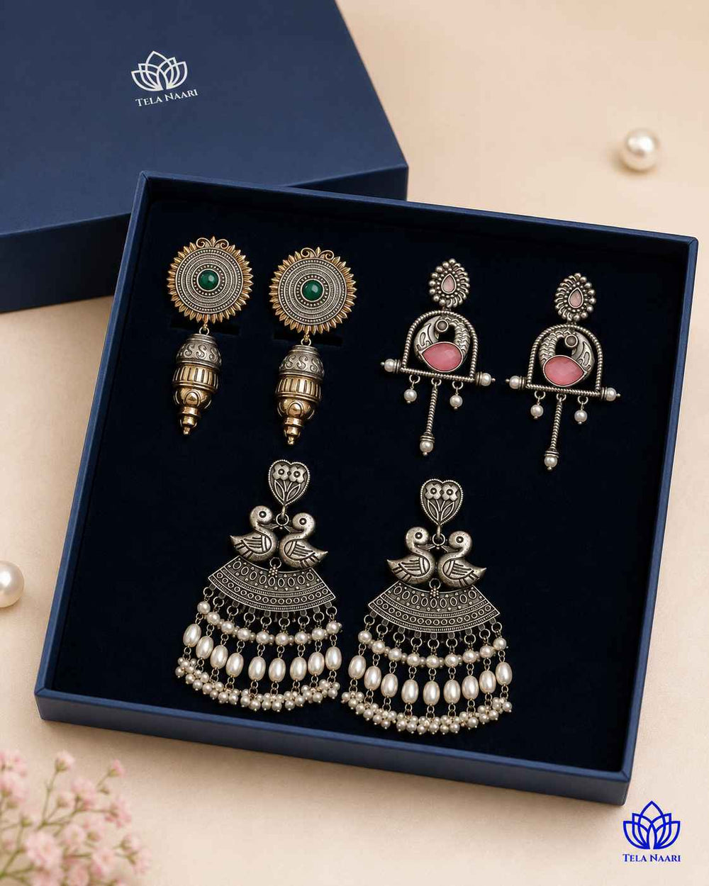 Open box view: festive Bella Hamper Premium Box with silver-plated earrings, a Diwali gift for wife
