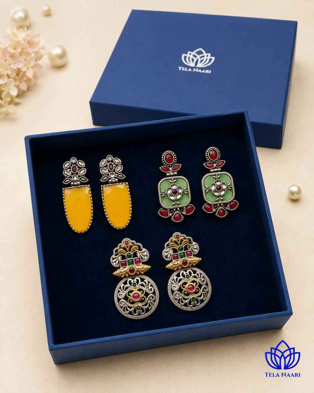 Open box view: Primrose Hamper Premium Box with 3 Pairs of Earrings, a festive gift for friend