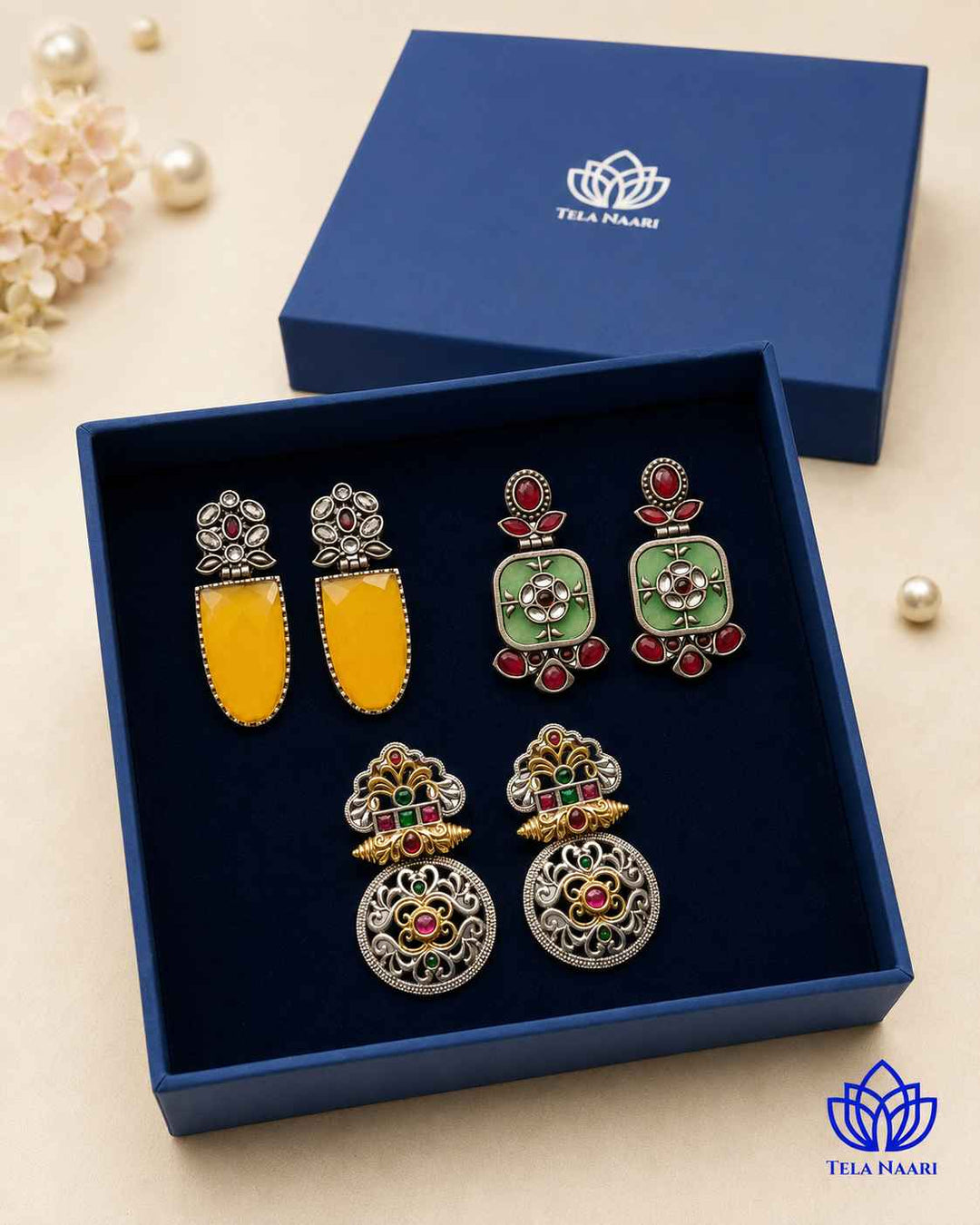 Open box view: Primrose Hamper Premium Box with 3 Pairs of Earrings, a festive gift for friend