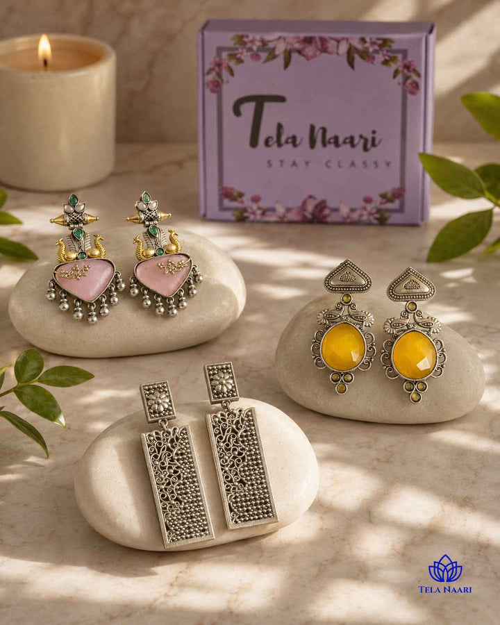 Oxidised earrings from the Isabella Hamper, a wedding gift for wife