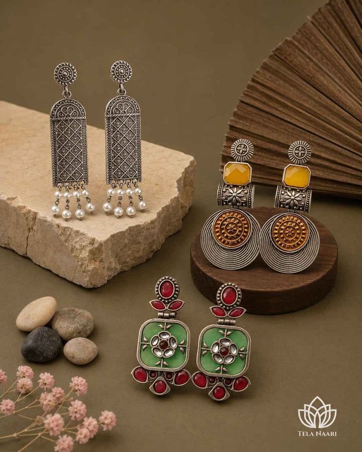 Oxidised earrings from the Luna Hamper, a wedding gift for mother