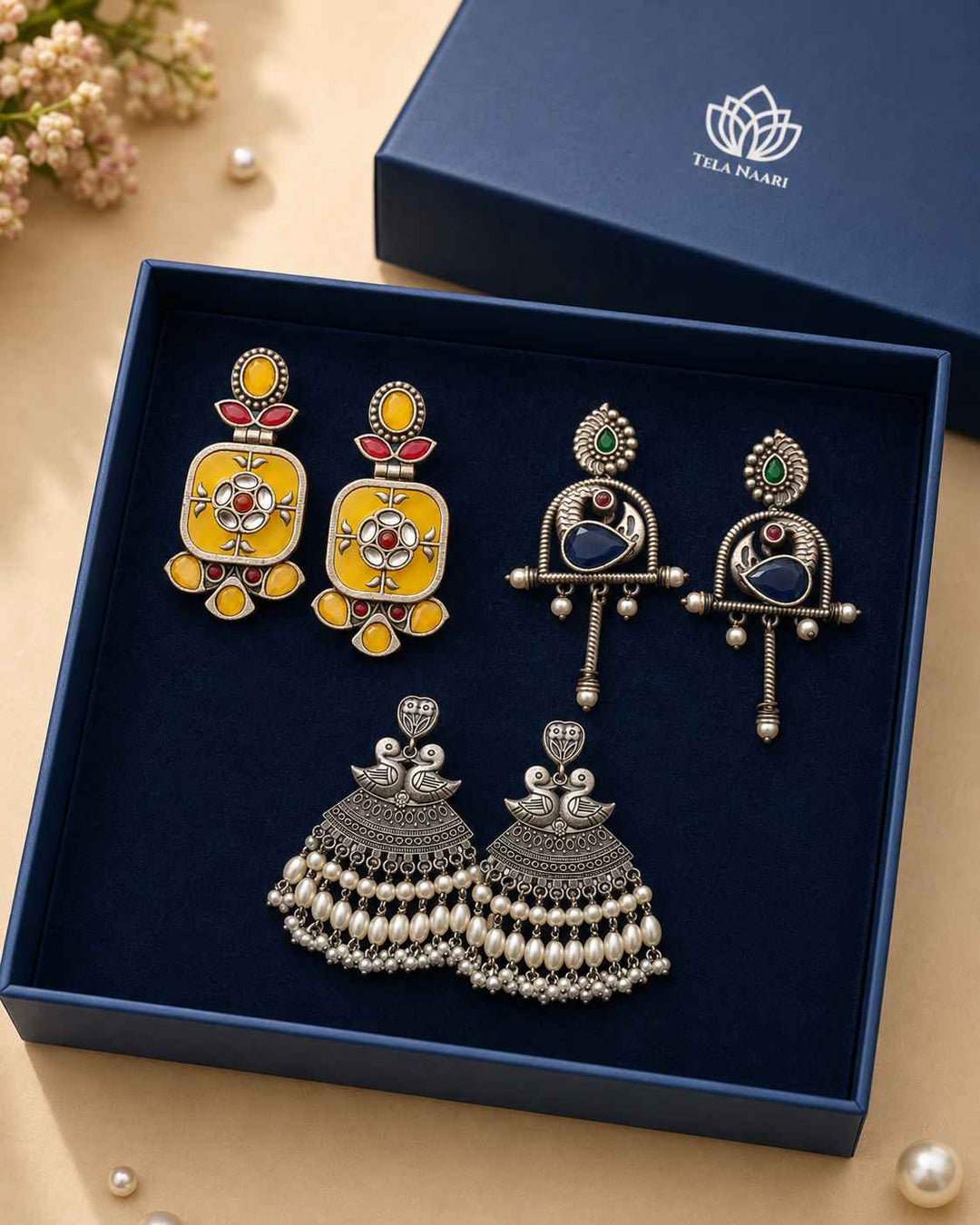 Oxidised earrings from the Miapa Hamper, a wedding gift for wife