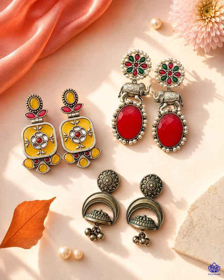 Oxidised-finish earrings from the Naira Hamper, an anniversary gift for wife