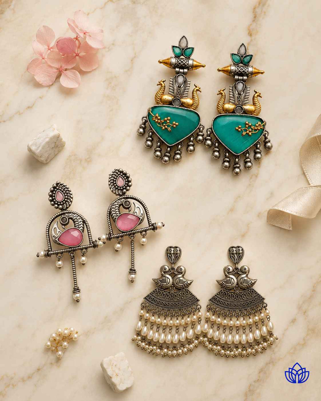 Packaging shot: wedding Lily Hamper Premium Box with oxidised finish earrings, for corporate gifting