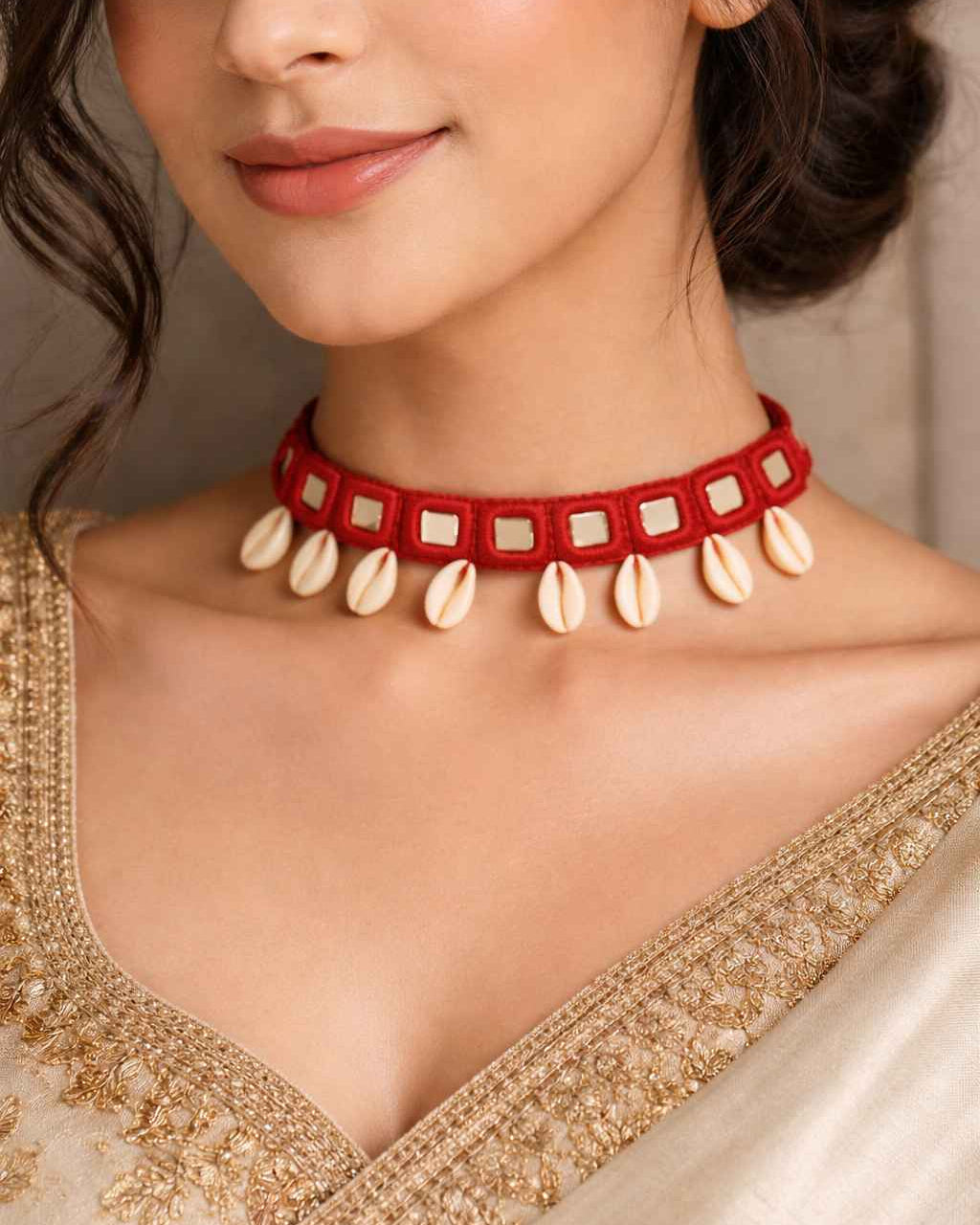 Passionate red fabric shapes the silhouette of this handmade choker.