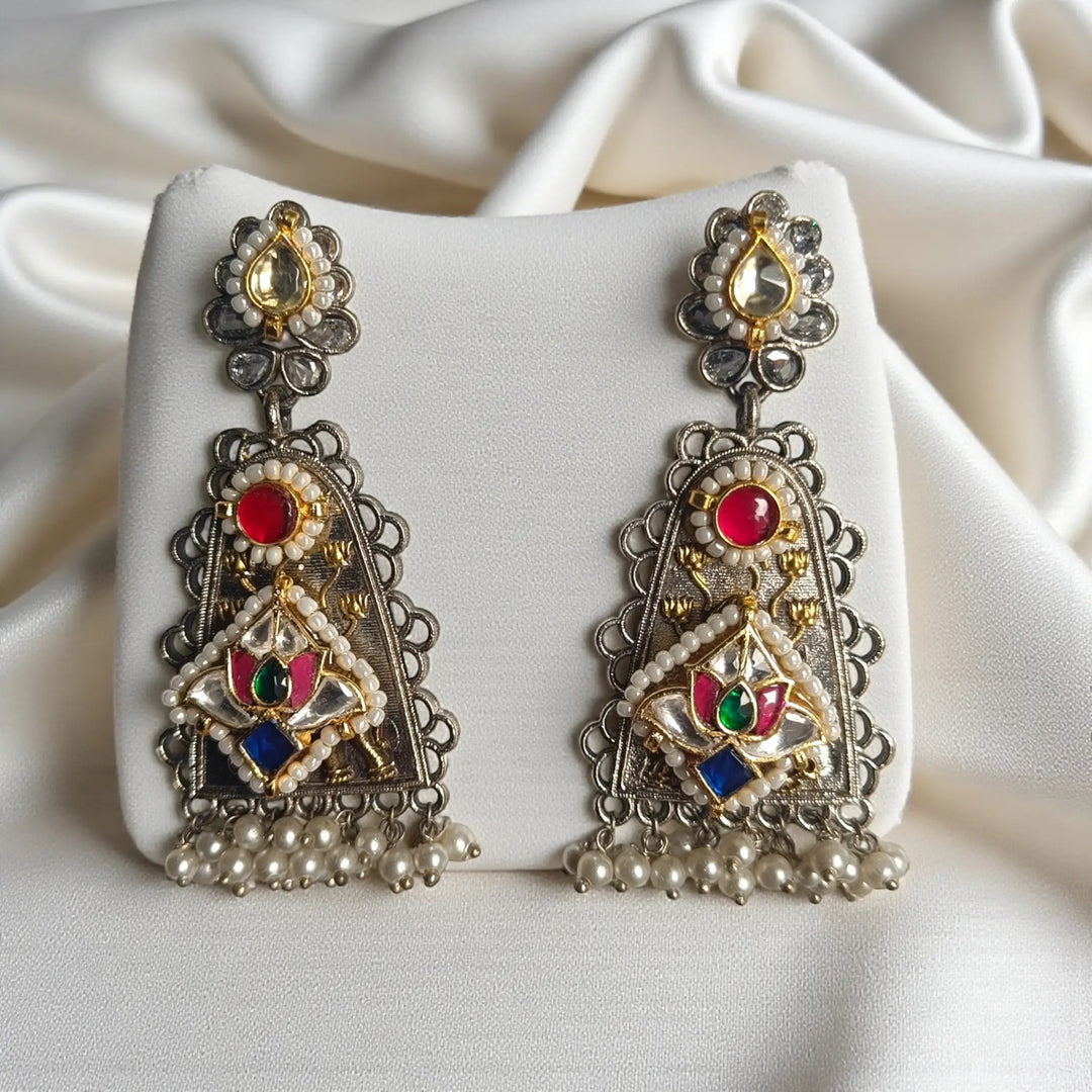Elegant Renu pachi kundan silver plated earrings in blue accent — stylish dual-tone statement
